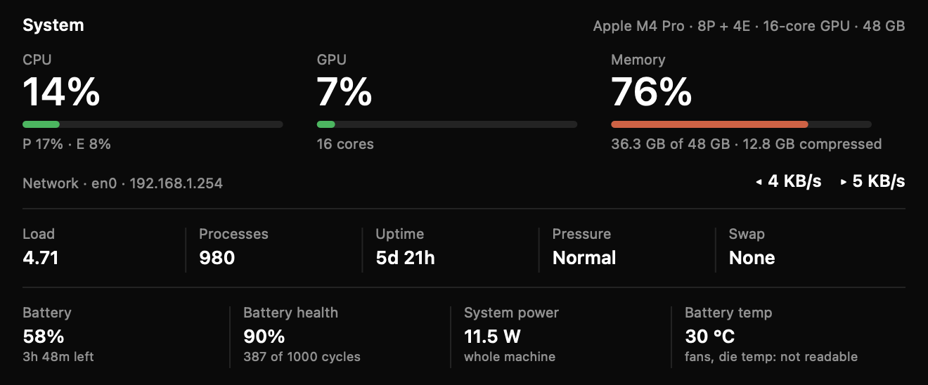 System module — CPU, GPU, memory, network, battery