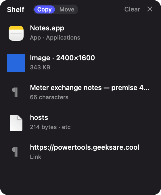 The Shelf — parked files, text and images