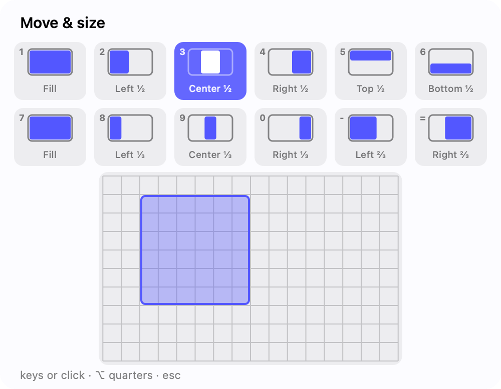 Snap palette — halves, thirds, mini-grid